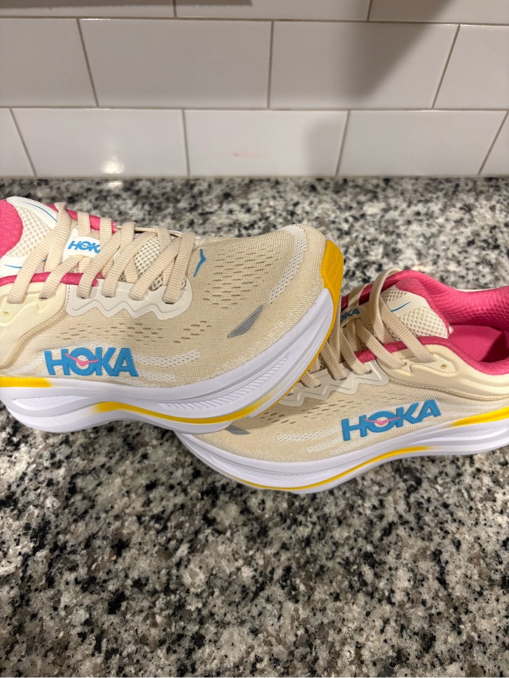 Hoka Bondi 9 Cream Pink Yellow Blue Women's Sneakers - Picture 5 of 15